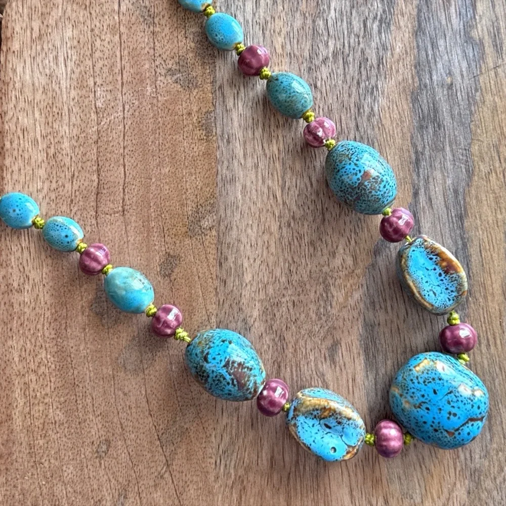 Vintage Artisan Ceramic Bead Statement Necklace Turquoise Speckled 26” Inch - Picture 13 of 15